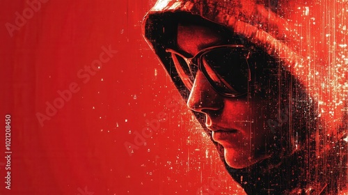 A shadowy figure wearing a hooded jacket and large sunglasses appears contemplative against an intense red backdrop, evoking mystery and intrigue in an urban setting.