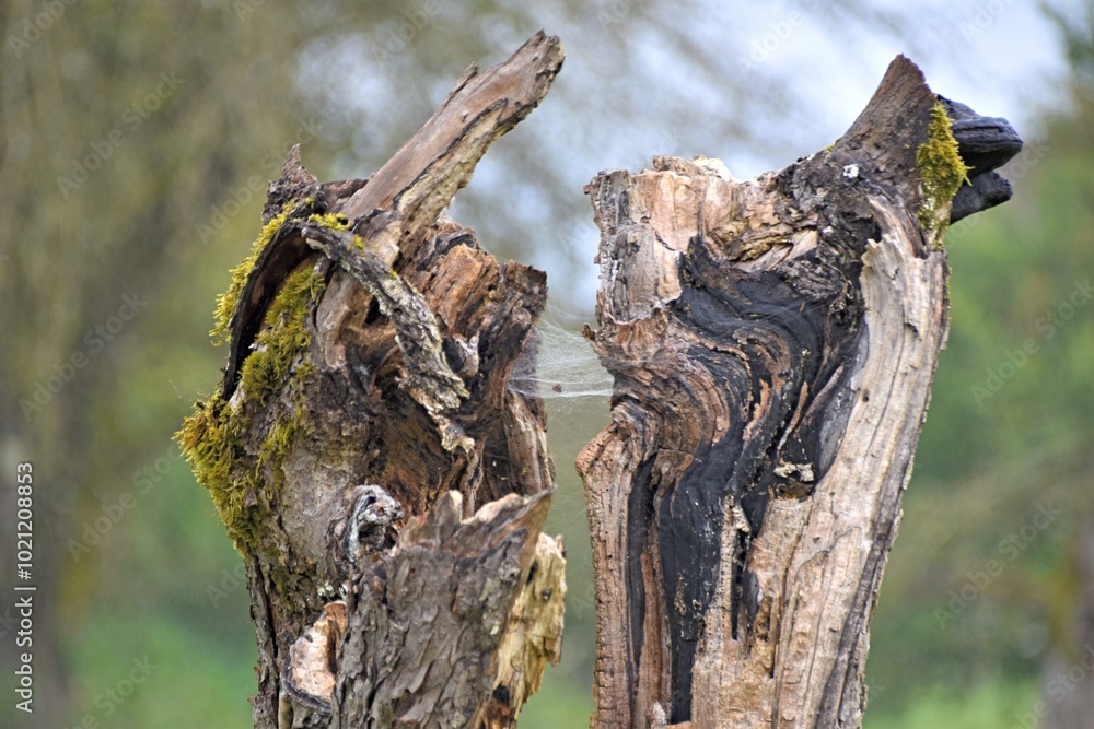 a split tree trunk and a web inside a split tree trunk and a web inside