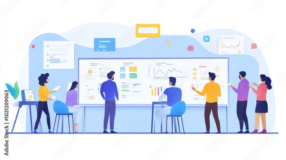 A group of professionals collaborating around a digital display with charts and data for a presentation or meeting. A group of professionals collaborating around a digital display with charts and data for a presentation or meeting.