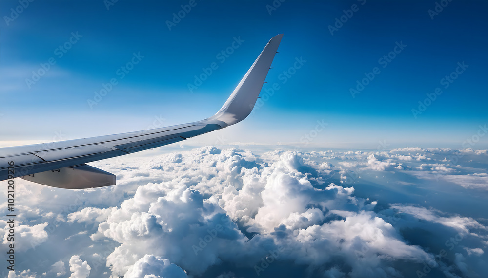 View from the side of a passenger plane flying high above white clouds and blue sky View from the side of a passenger plane flying high above white clouds and blue sky