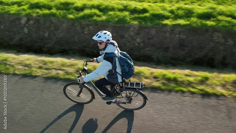 A man rides his bicycle through a green area on his daily commute to work in the morning sunlight A man rides his bicycle through a green area on his daily commute to work in the morning sunlight