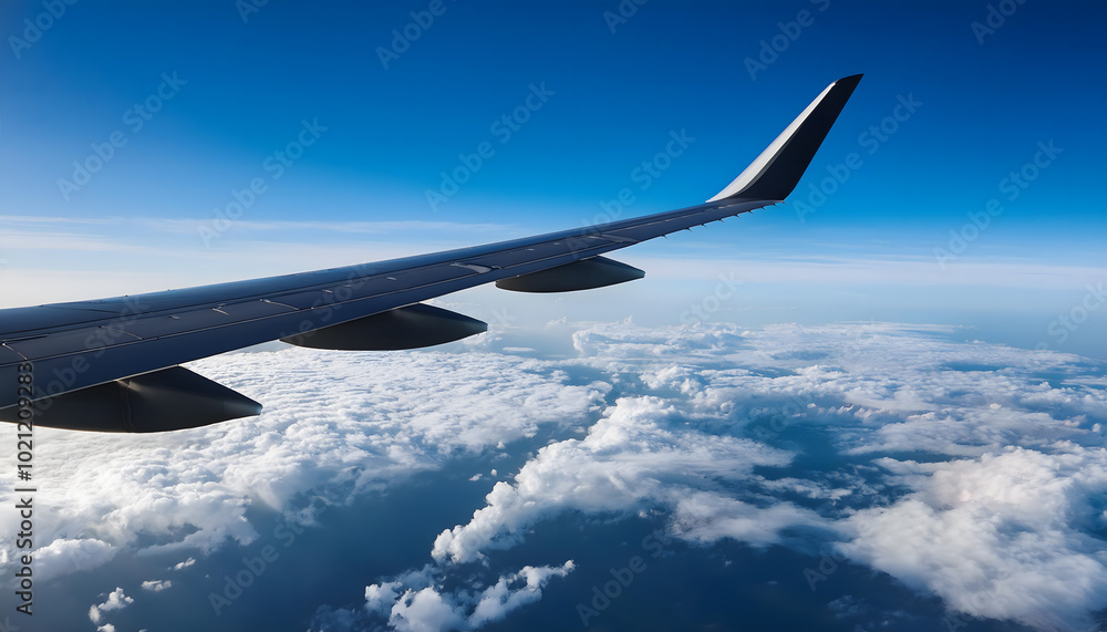 View from the side of a passenger plane flying high above white clouds and blue sky View from the side of a passenger plane flying high above white clouds and blue sky