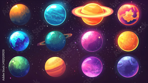 Fototapeta Naklejka Na Ścianę i Meble -  A Vibrant Collection of Cartoon Planets with Rings and Stars in a Cosmic Background