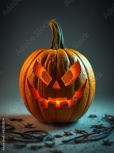 Mischievous halloween pumpkin with a spooky grin expertly carved and ready for the holiday set against a blank backdrop halloween backdrop photo