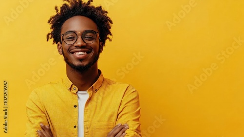 A creative director designing a marketing campaign, with a bright yellow background that emphasizes creativity and optimism photo