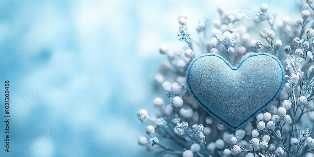 Fototapeta premium A soft blue heart is gently placed among delicate white flowers, creating a calming visual. The subtle hues and textures evoke feelings of tranquility and love, perfect for celebrating special moments