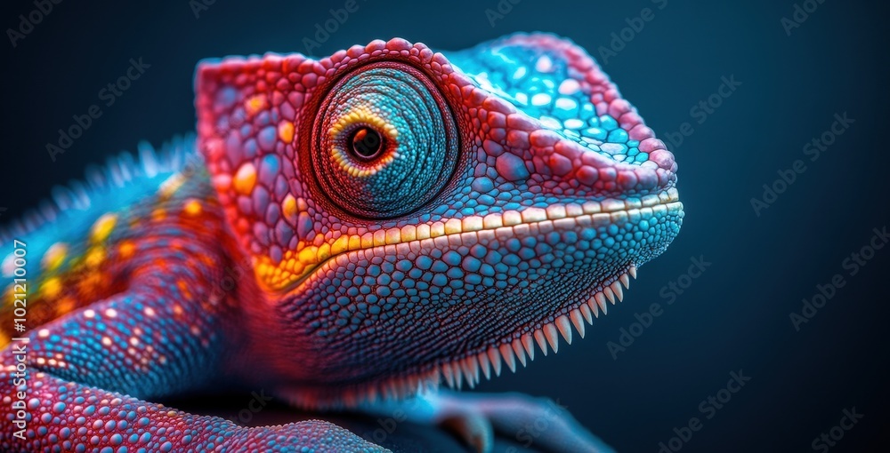 Obraz premium Close-Up of Colorful Chameleon Head on Blue Background with Copy Space for Banner, Photorealistic 