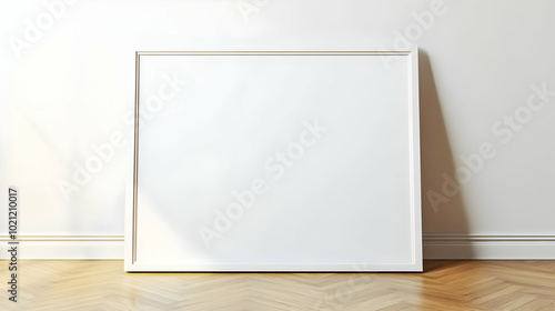 A Large White Frame Leans Against a White Wall with Hardwood Flooring