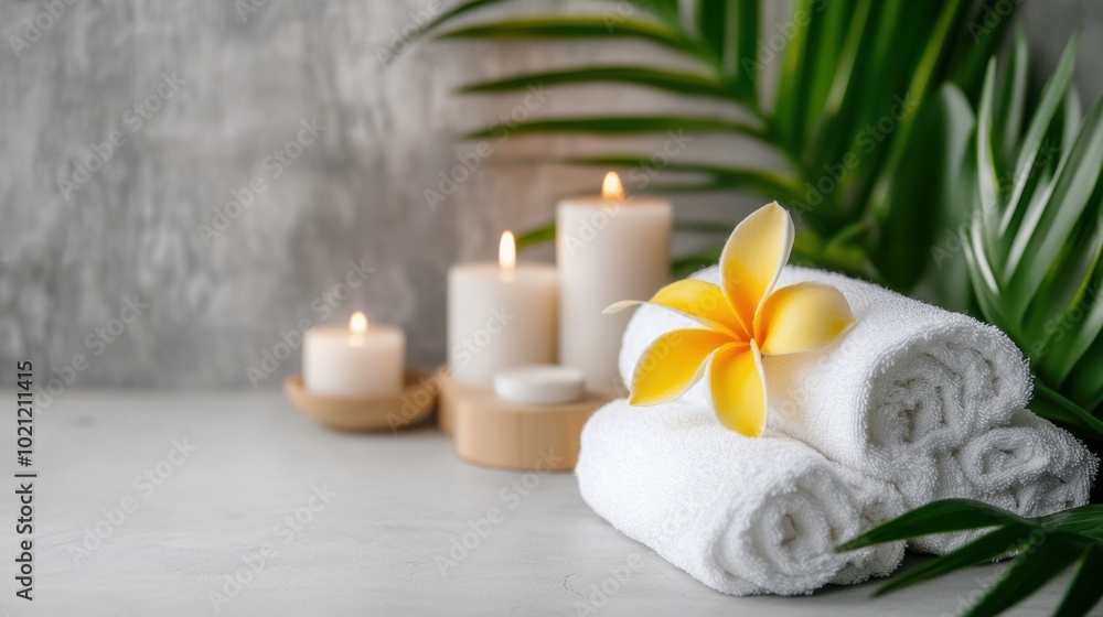 A beautifully arranged spa scene with soft white towels, aromatic candles, and a single frangipani flower, creating an ambiance of relaxation. A beautifully arranged spa scene with soft white towels, aromatic candles, and a single frangipani flower, creating an ambiance of relaxation.