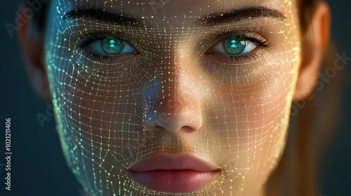 Close-up of a woman's face with digital facial mapping, blue-green eyes.