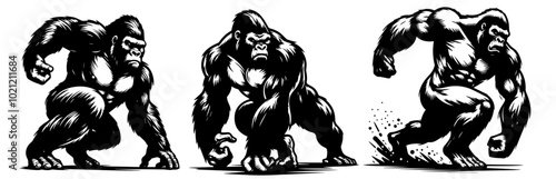 set of gorilla drawings in action line art black vector design