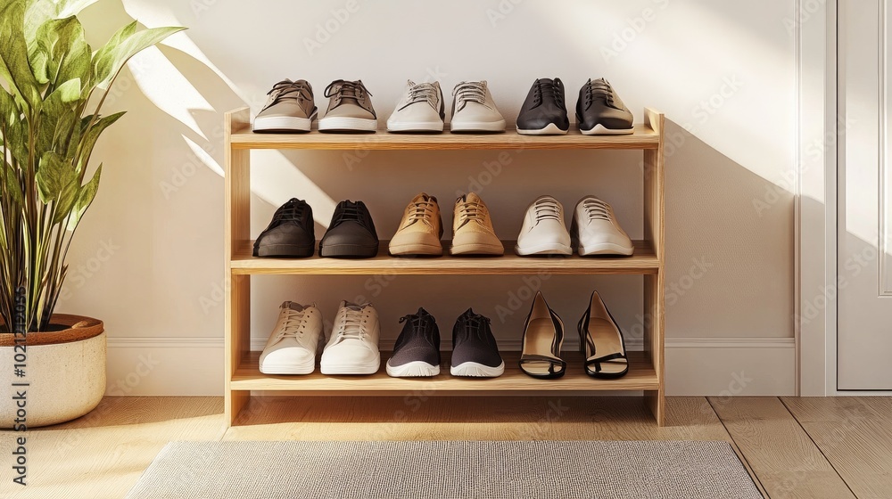 Stylish Shoe Rack Display in Modern Interior Setting Stylish Shoe Rack Display in Modern Interior Setting