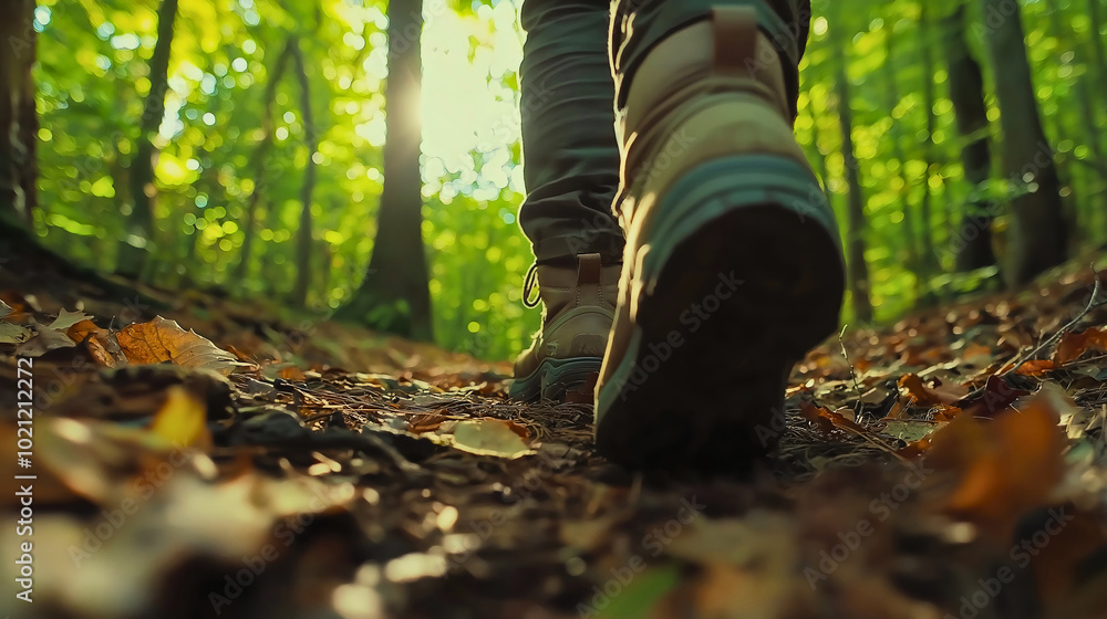 Hiking and walking through the forest as a hobby after a tiring day, walking in the woods with very good and waterproof boots during the autumn season. Hiking and walking through the forest as a hobby after a tiring day, walking in the woods with very good and waterproof boots during the autumn season.