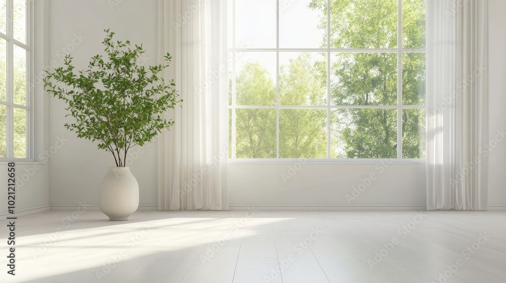 Fototapeta premium A bright and airy home interior with a plant in a vase on the window stand, bringing a touch of nature and elegance to the decor.