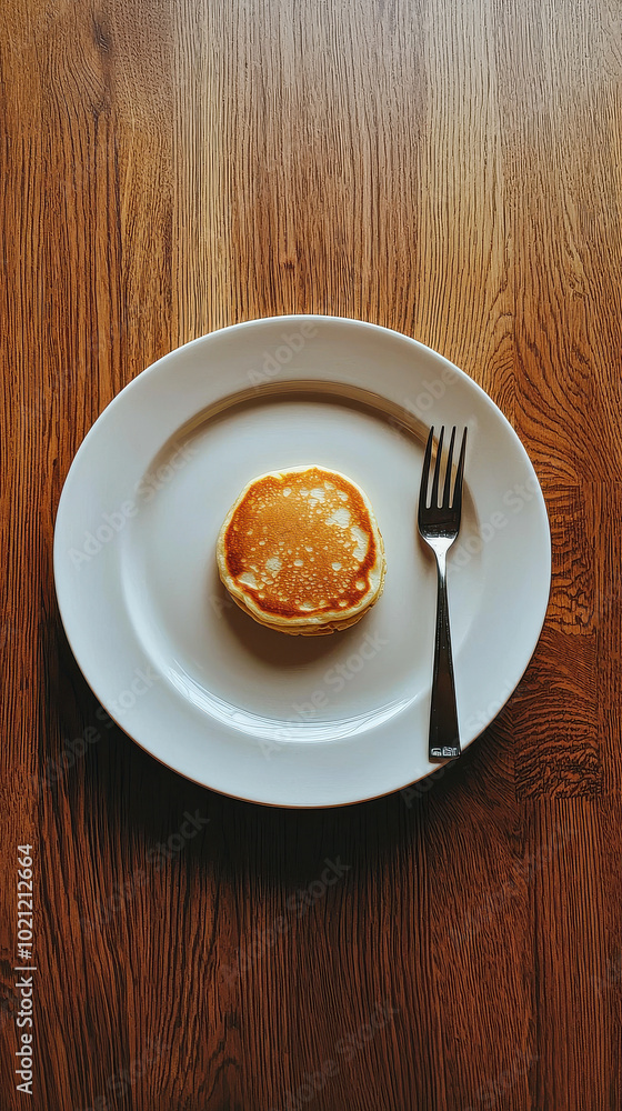 A simple yet enticing image of a single fluffy pancake placed elegantly on a white plate with a fork, set against a warm wooden table background. A simple yet enticing image of a single fluffy pancake placed elegantly on a white plate with a fork, set against a warm wooden table background.