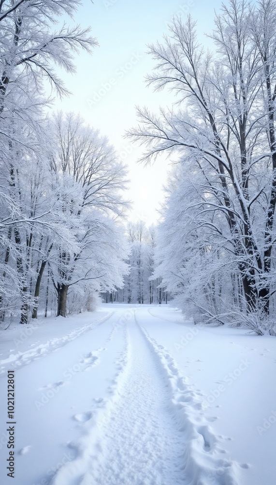Serene snow-covered path through pristine white winter forest with copy space Serene snow-covered path through pristine white winter forest with copy space