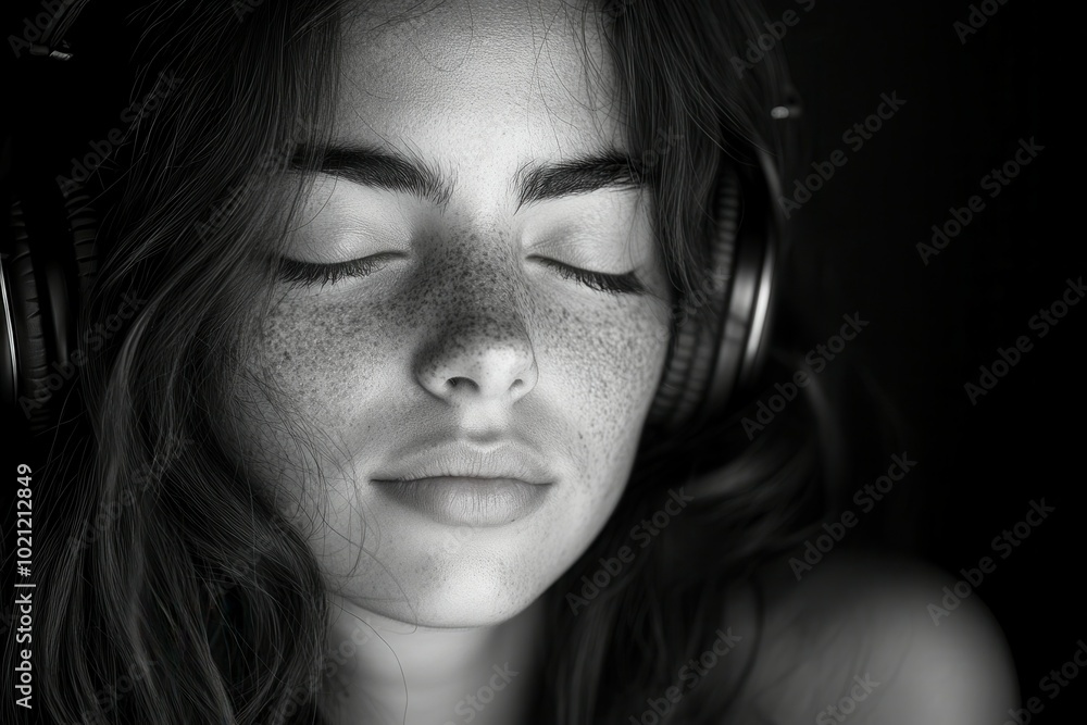 A young woman with freckled skin relaxes with her eyes shut, fully immersed in the music. She wears headphones and sits in a softly lit environment, creating a peaceful atmosphere that highlights her A young woman with freckled skin relaxes with her eyes shut, fully immersed in the music. She wears headphones and sits in a softly lit environment, creating a peaceful atmosphere that highlights her