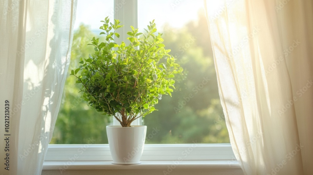Fototapeta premium A bright and airy home interior with a plant in a vase on the window stand, bringing a touch of nature and elegance to the decor.