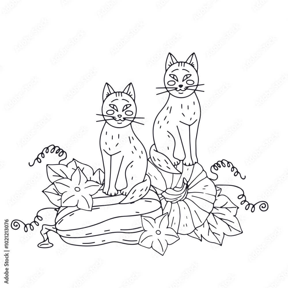 Thanksgiving monochrome greeting card with cute cat and pumpkin. Black and white Hand drawn fall harvest illustration. Thanksgiving monochrome greeting card with cute cat and pumpkin. Black and white Hand drawn fall harvest illustration.