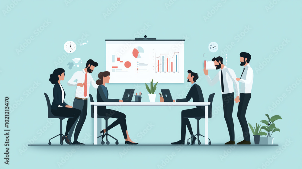 A modern office meeting scene with professionals discussing analytics and charts around a conference table, promoting workplace collaboration. A modern office meeting scene with professionals discussing analytics and charts around a conference table, promoting workplace collaboration.