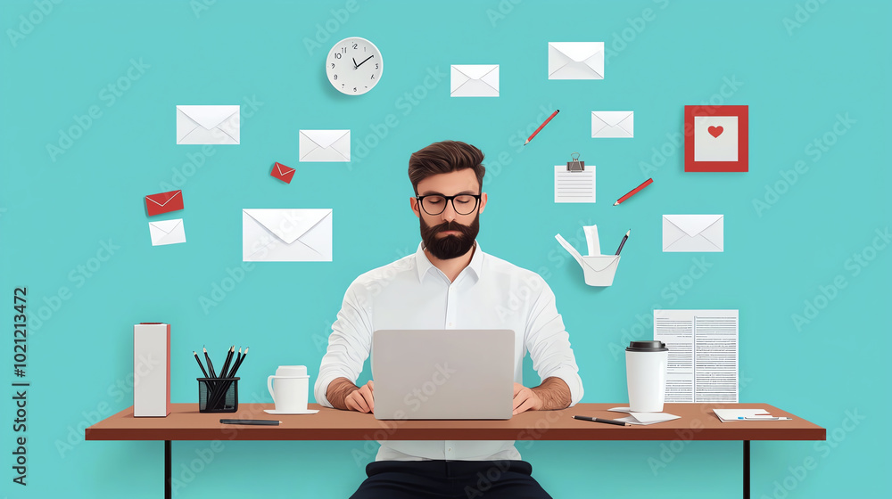 A man working at a modern desk with a laptop, surrounded by notes, stationery, and a clock against a turquoise background. A man working at a modern desk with a laptop, surrounded by notes, stationery, and a clock against a turquoise background.