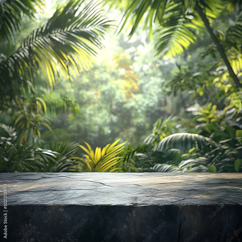 Tabletop on jungle background for product presentation. Empty black concrete countertop outdoors in forest. Cosmetic or bar store podium mockup. Tabletop on jungle background for product presentation. Empty black concrete countertop outdoors in forest. Cosmetic or bar store podium mockup.