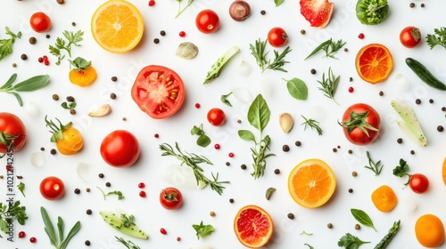 A vibrant arrangement of fresh fruits, vegetables, and herbs on a white background.