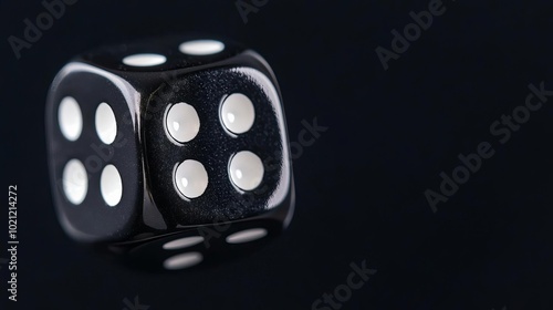 Black dice with white dots spinning slowly midair over a dark background, representing luck, risk, and randomness Black dice, Luck concept