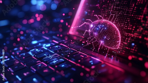 A Cyber Bug on a Laptop Screen with Neon Lights