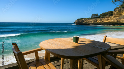 Wooden table and chairs on deck overlooking beach with turquoise water  waves crashing. Cup of coffee invites relaxation and enjoyment