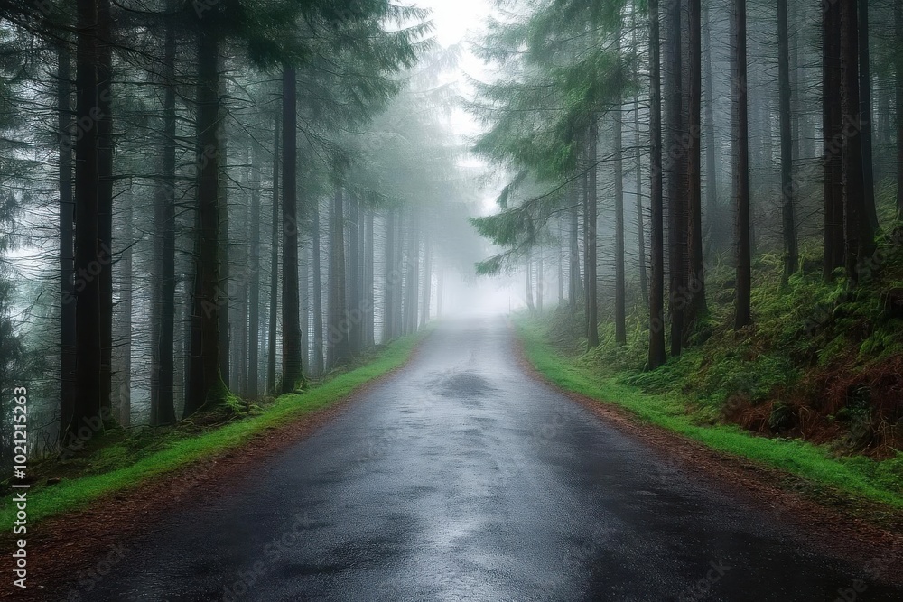 Morning fog on a forest road, pine trees barely visible, serene and mystical Morning fog on a forest road, pine trees barely visible, serene and mystical