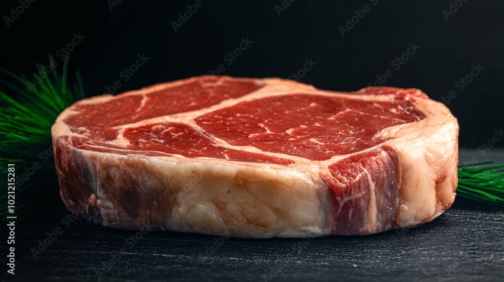Angus ribeye steak, raw, showcasing rich marbling against a dark background, Angus ribeye steak, raw, showcasing rich marbling against a dark background,