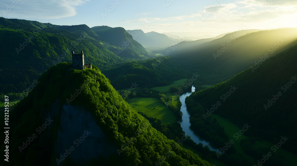Naklejka premium Morning sunlight bathes lush green valley with winding river, medieval castle ruin atop hill, creating tranquil blend of history and nature