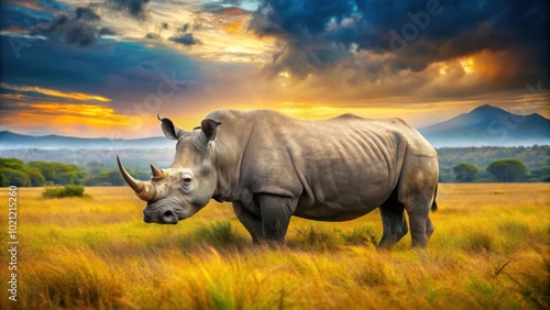 A solitary white rhinoceros stands in a grassy field, silhouetted against a dramatic sunset with vibrant colors and a distant mountain range in the background.