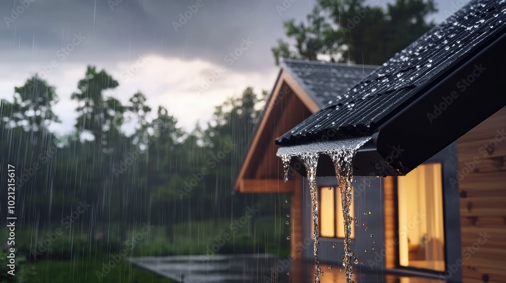 Rainfall on Rooftop with Mountains in Background Rainfall on Rooftop with Mountains in Background