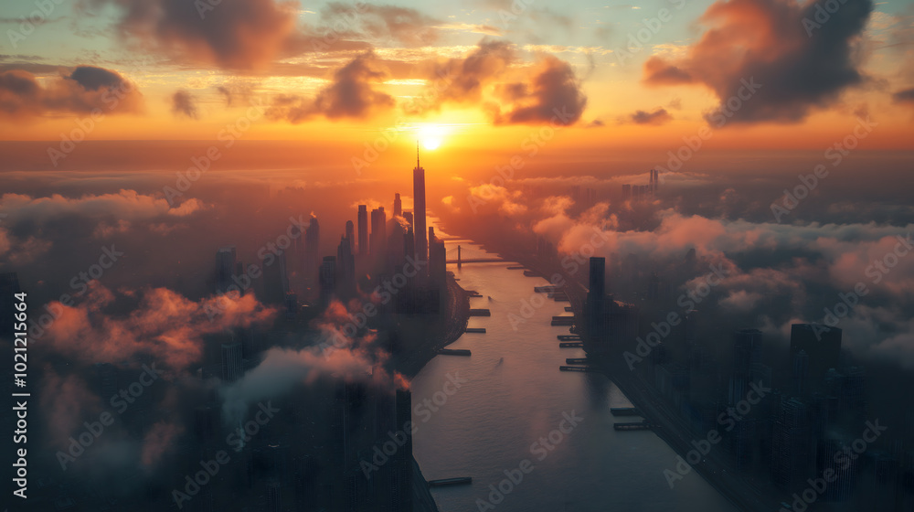 城市黄昏时分,夕阳洒在高楼大厦之间,云层变幻,美丽的城市风景 城市黄昏时分,夕阳洒在高楼大厦之间,云层变幻,美丽的城市风景