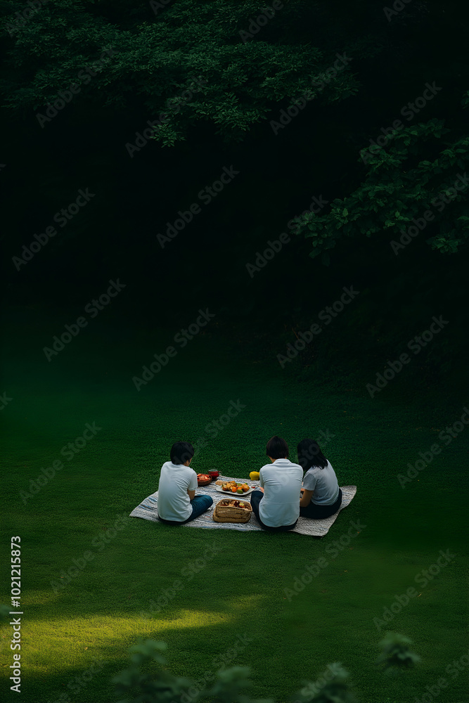 Three close friends from asia having a delightful picnic outdoors on a comfortable blanket, immersed in the beauty of nature. A wonderful portrayal of camaraderie and unity Three close friends from asia having a delightful picnic outdoors on a comfortable blanket, immersed in the beauty of nature. A wonderful portrayal of camaraderie and unity
