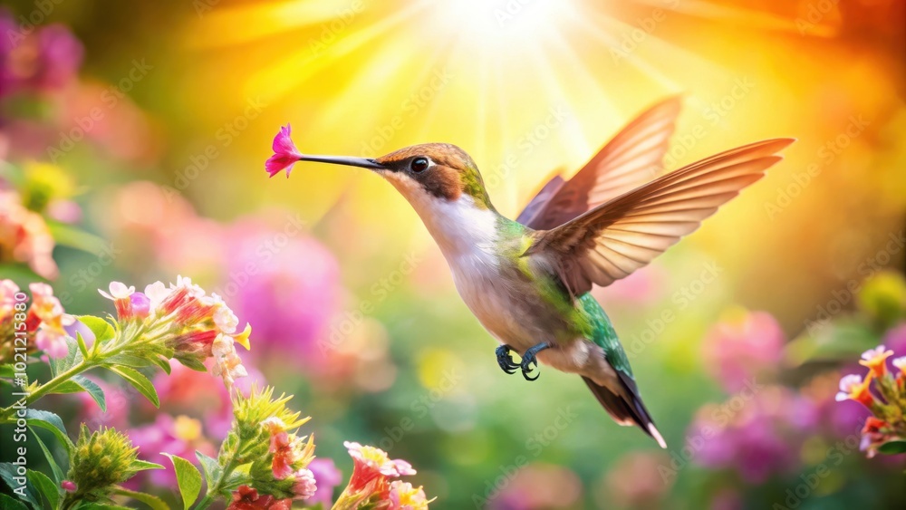 Naklejka premium A Tiny Bird in Flight, Drinking Nectar from a Pink Flower, Sunbeams Shimmering Through the Garden