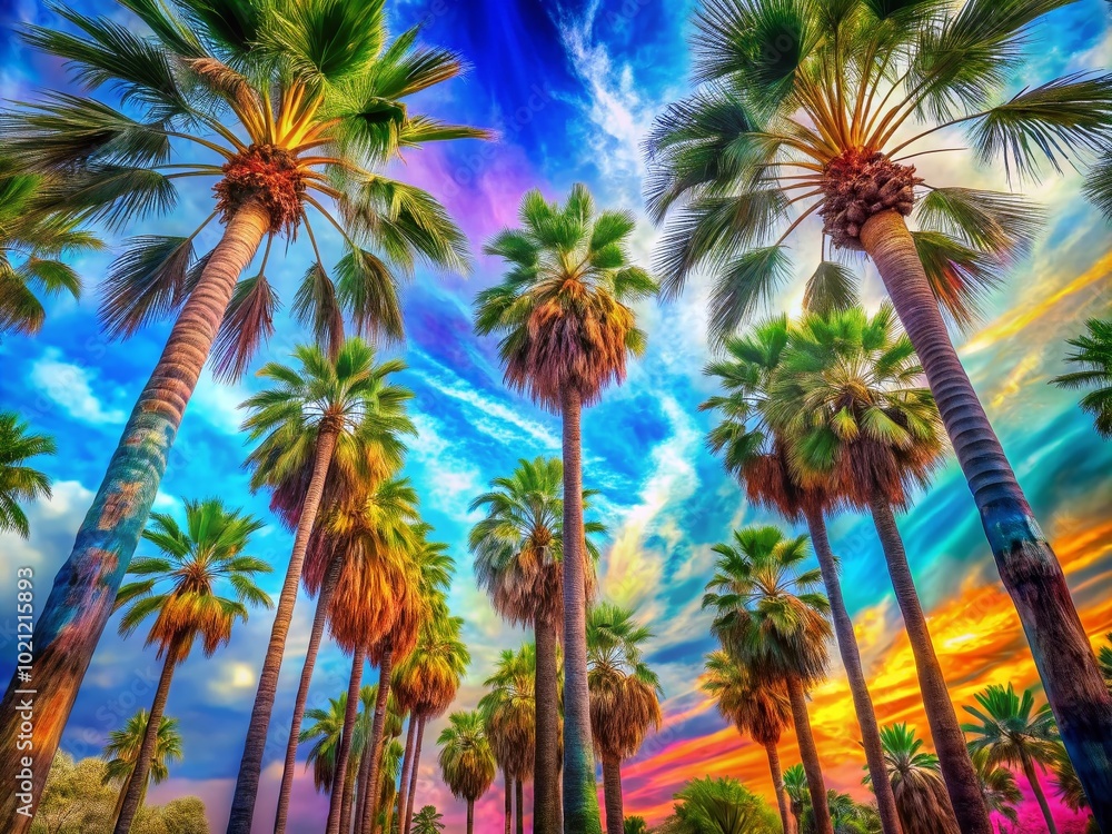 Obraz premium Abstract representation of palm trees with vibrant colors and shapes creating a tropical atmosphere