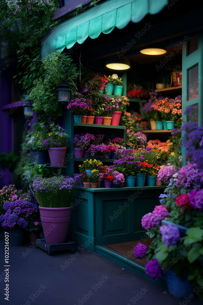 Fototapeta premium Variety of flowers are arranged outside a florist shop, creating a vibrant and inviting display. The shop is illuminated, casting a warm glow on the colorful blooms
