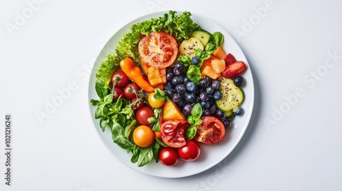 plate with fruits and vegetable, diet and health eating