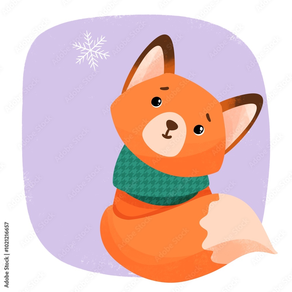 Cute fox in a scarf looking at a snowflake Cute fox in a scarf looking at a snowflake