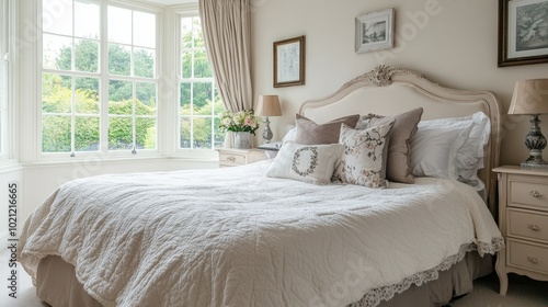 A cozy, light-filled bedroom with soft cream tones, large windows, and a well-made bed with plush pillows, evoking warmth and elegance.