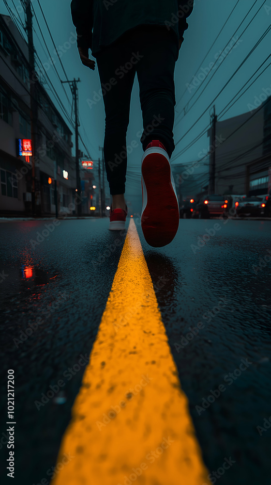 © Rohit k  - Person walks down a city street at night, following yellow lines, guided by city lights. Symbolizing freedom and progress towards an unknown downtown destination