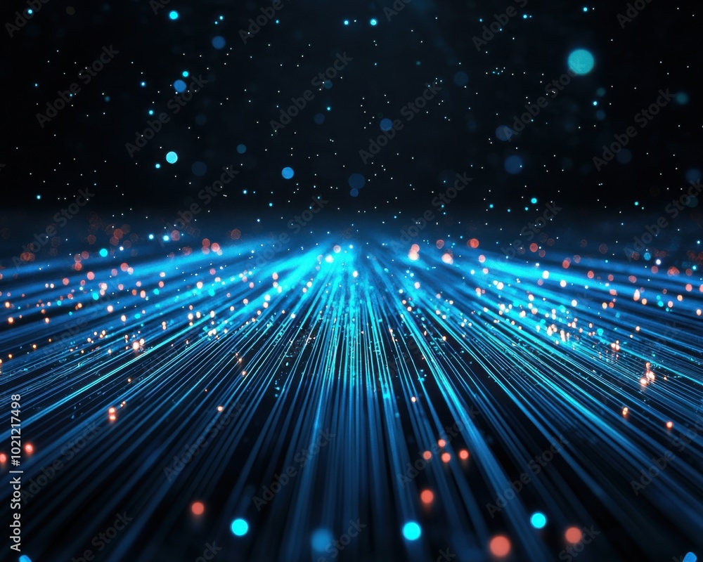 Fototapeta premium Abstract light rays and particles in a dark background, digital artwork.