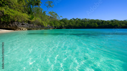 Serene turquoise waters gently caressing the white sandy shores of a tropical south pacific island  adorned with lush green foliage