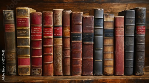 A Row of Antique Leather-Bound Books on a Wooden Shelf