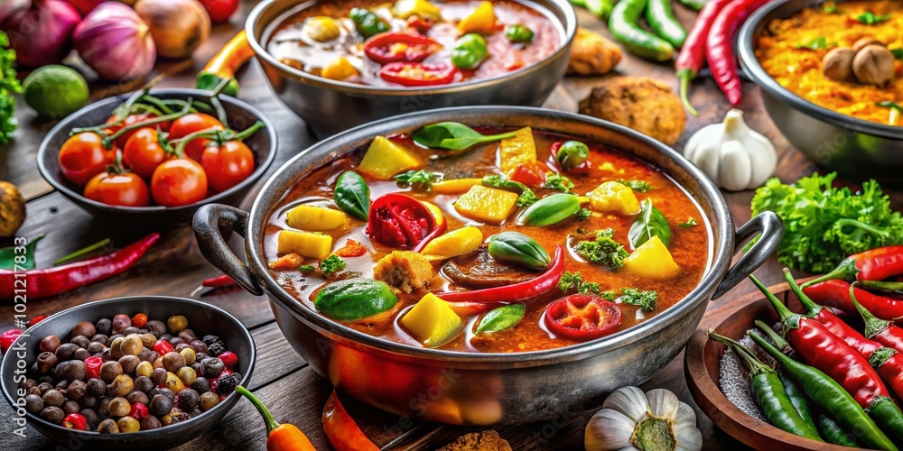 A Colorful Array of Ingredients in a Melting Pot Symbolizing Diverse Culinary Cultures and Fusion A Colorful Array of Ingredients in a Melting Pot Symbolizing Diverse Culinary Cultures and Fusion
