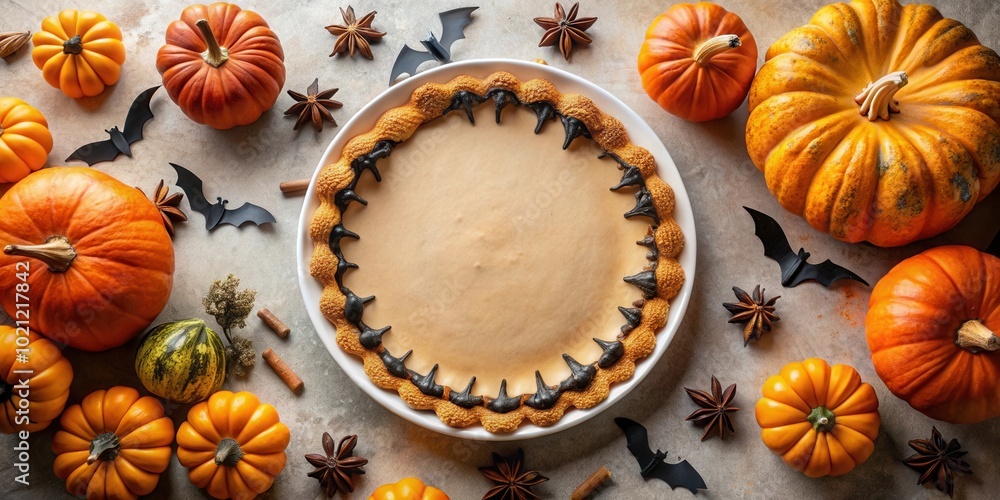 A Pumpkin Pie Garnished with Bats and Star Anise for a Spooky Halloween Treat A Pumpkin Pie Garnished with Bats and Star Anise for a Spooky Halloween Treat