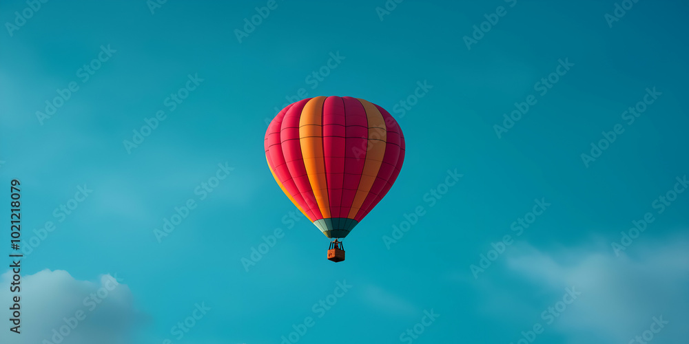 Fototapeta premium Vibrant hot air balloon is ascending into the calm blue sky, evoking a feeling of liberty and excitement
